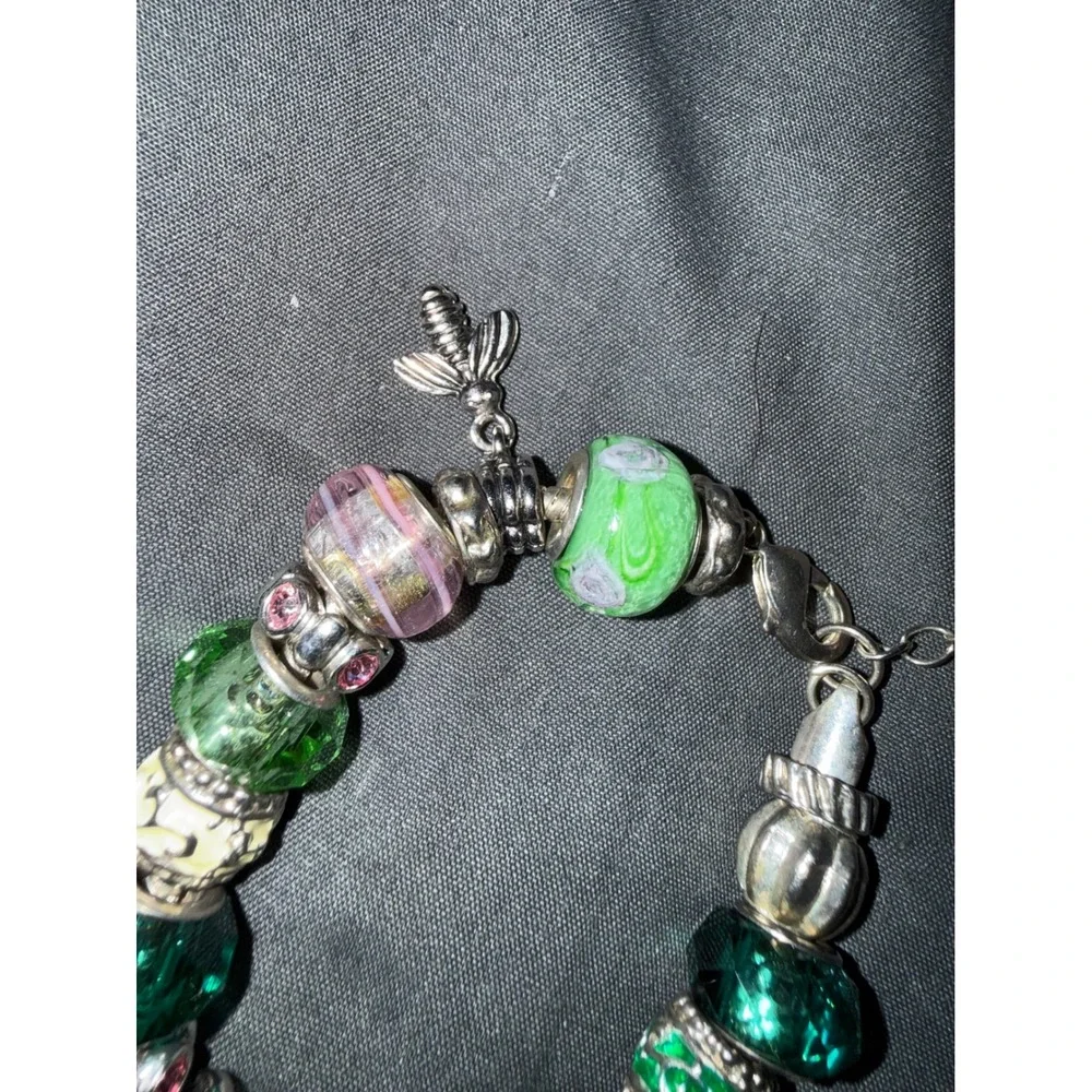Green Pink Murano Glass Bead Charm Bracelet Silver Tone Bee European Style